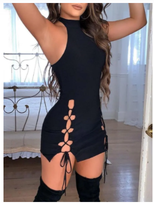 Solid Black Lace-Up Mini Dress