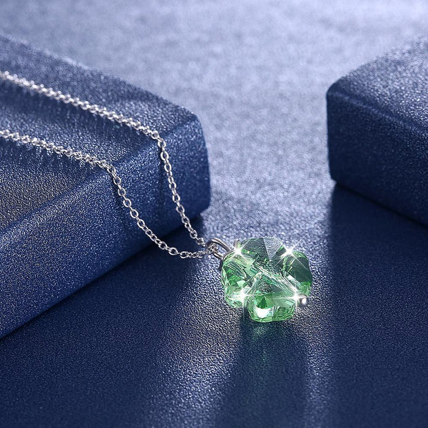 Green Crystal Clover Sterling Silver Necklace with  Crystals