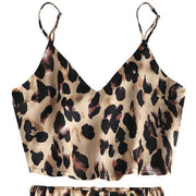 Sexy V-Neck Crop Top Drawstring Wide Leg Shorts Vintage Leopard Printed Sleepwear Loungewear