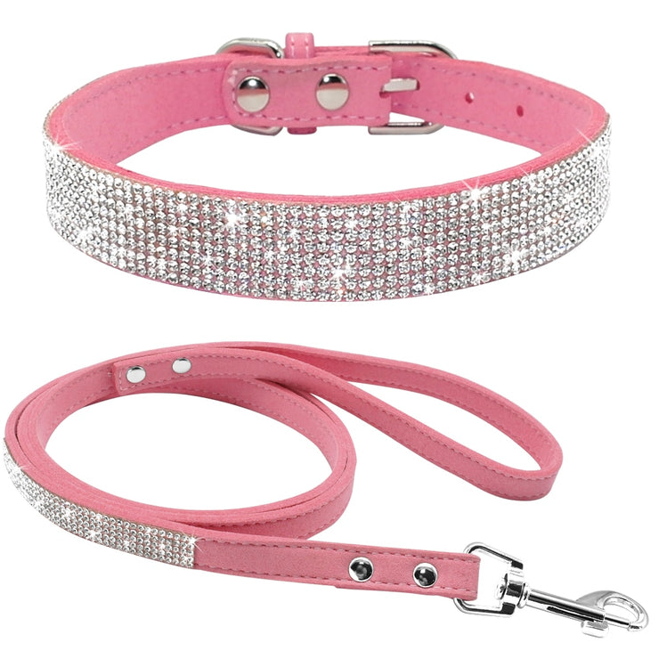 Adjustable Suede Leather Puppy Dog Collar Leash Set Soft Rhinestone Small Medium Dogs Cats Collars Walking Leashes Pink XS S M