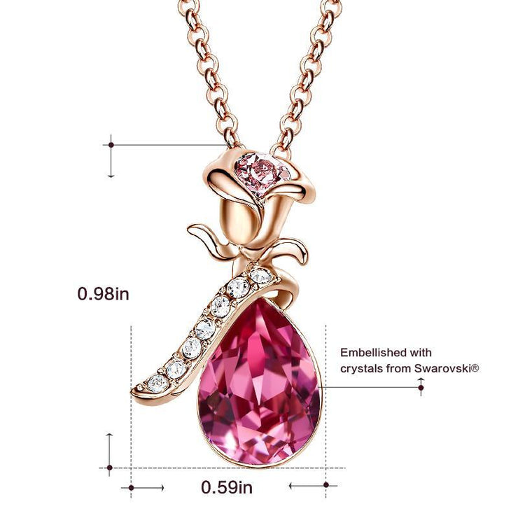 Austrian Crystal Pink Topaz Waterdrop with Pink Topaz Rose  Necklace