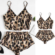 Sexy V-Neck Crop Top Drawstring Wide Leg Shorts Vintage Leopard Printed Sleepwear Loungewear