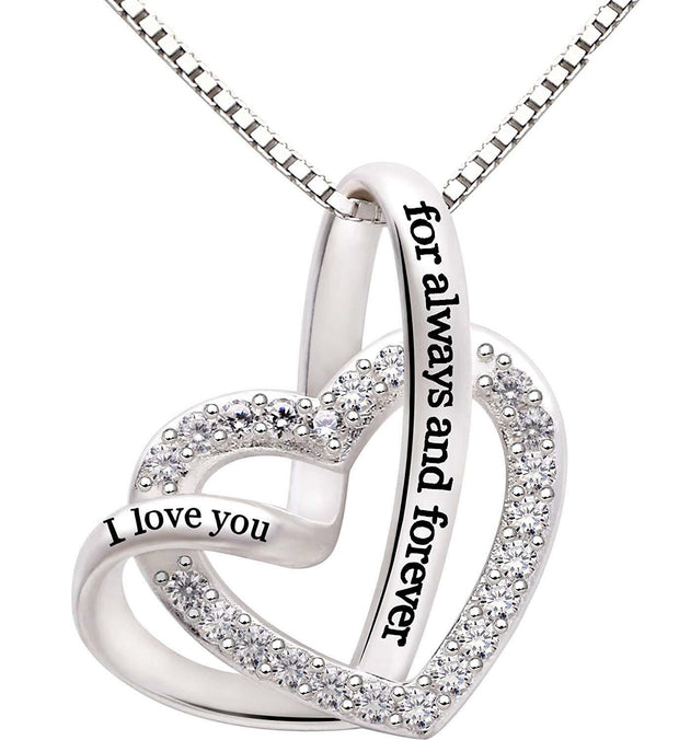 "I Love you Forever and Always" Heart Necklace Embellished with Austrian Crystal in 18K White Gold Plated