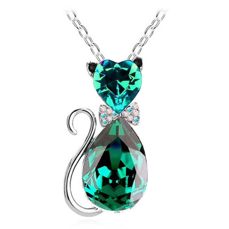 Cute Cat Pendant Necklace For Women Heart Crystal Jewelry Austrian Crystal Clavicle Chain Necklace