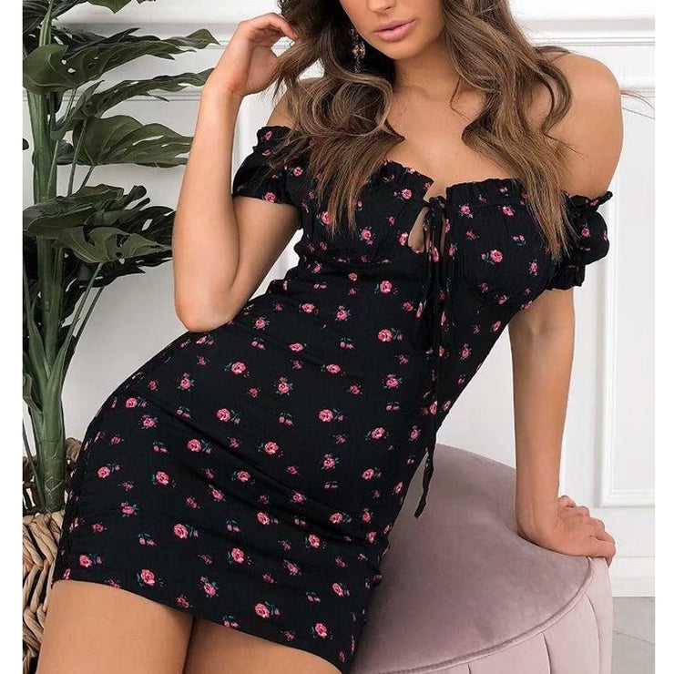 Women Floral Wrap Dress Off Shoulder Tie Up Front Ruffle Mini Dress Summer