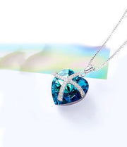 Austrian Crystal Bermuda Blue Pave Heart Ribbon  Necklace