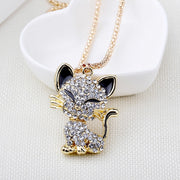 Pretty Rhinesto Cat Necklace For Women Gold Filled Enamel Crystal Long Sweater Chain Necklaces Pendants Christmas Gift For Girl