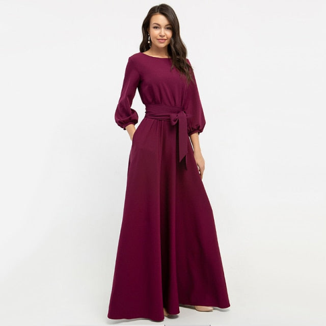 Autumn Women Casual Bow Maxi Sashes Dress