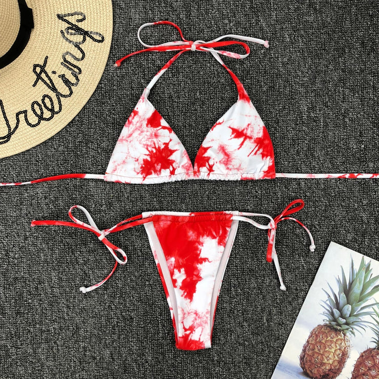 Women's Sexy Tie-dye Swimwear Thong Push-up Padded Bra Micro Bikini Halter Set Two Piece Swimsuit Brazilian Swimwear Купальник