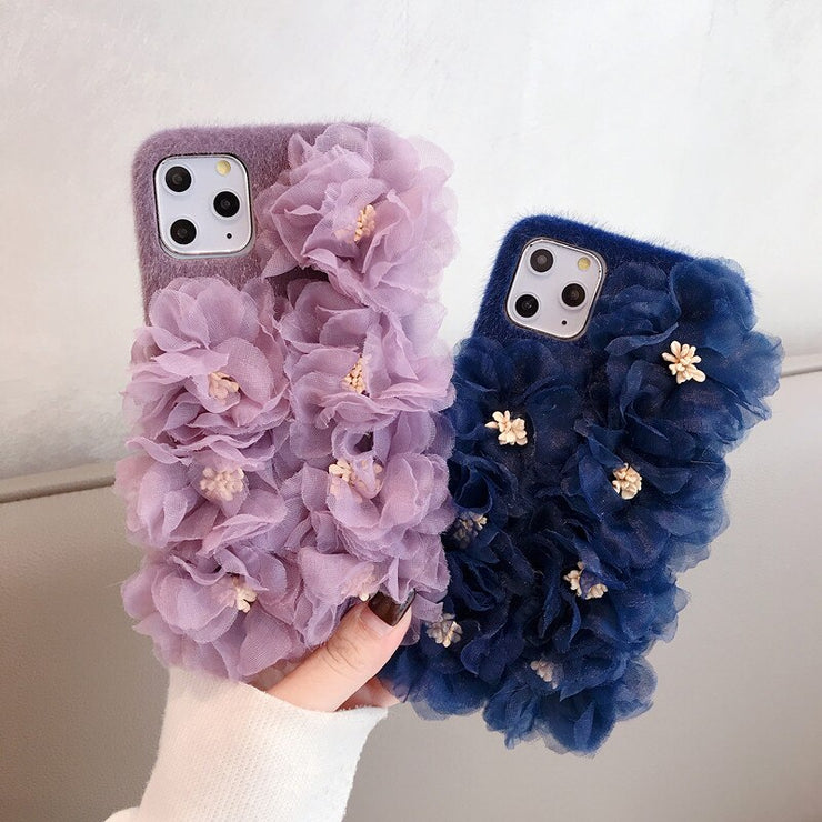 Luxury Girl Fashion 3D Beautiful Lace Cloth Flower Furry Back Phone Case Cover For iPhone 11 Pro Max XS Max XR X 8 7 6 6S Plus