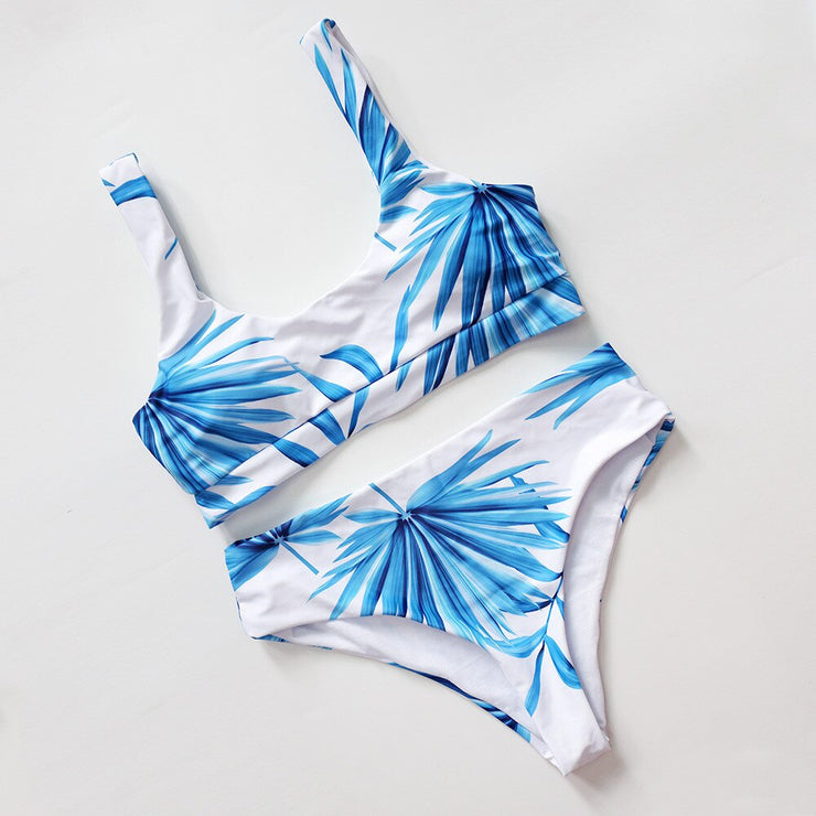 Sexy Scoop Neck White Tropical Palm Leaf High Waist Bikini 2021 Lady Swimwear Women Sport Swimsuit Female Swim Bathing Suit