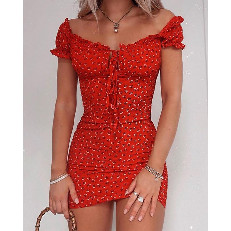 Women Floral Wrap Dress Off Shoulder Tie Up Front Ruffle Mini Dress Summer