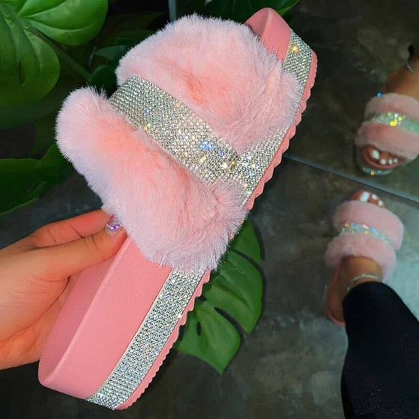 Luxury Designer Women Fur Rhinestone Slippers Platform Wedges Heel Solid Fluffy Furry Slides Outside Sexy Shoes Ladies Whosale