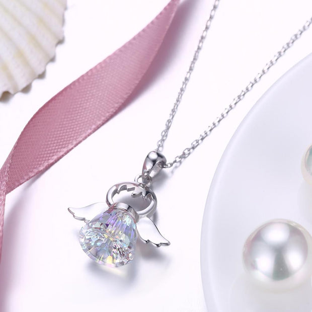 Flying Angel Aurora Borealis Crystal Flying Angel Sterling Silver Necklace