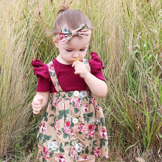 Summer Baby Girl Clothes Set Short Sleeve Flare Romper + Floral Print Dress +Bow Headband