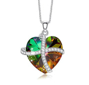 Austrian Crystal Rainbow Pave Heart Ribbon  Necklace