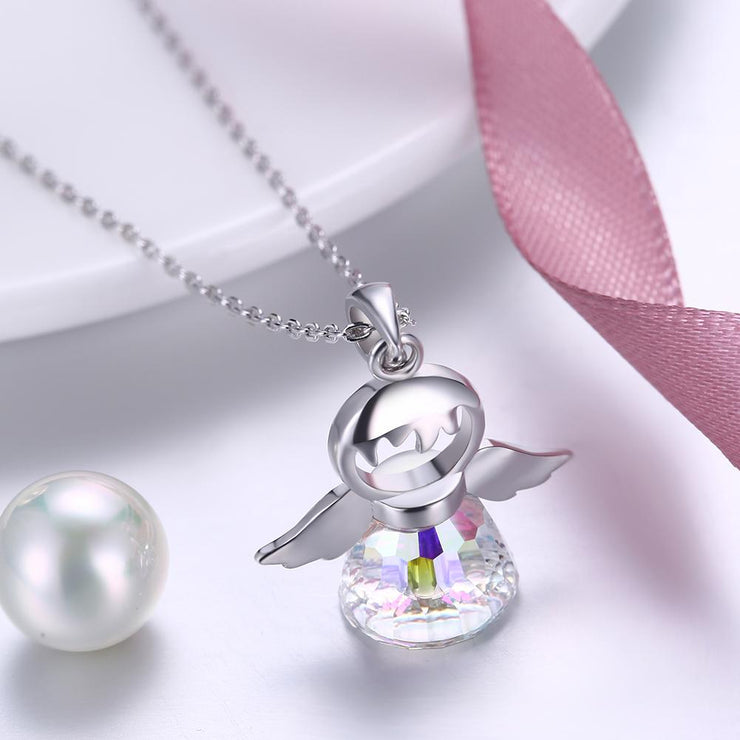 Flying Angel Aurora Borealis Crystal Flying Angel Sterling Silver Necklace