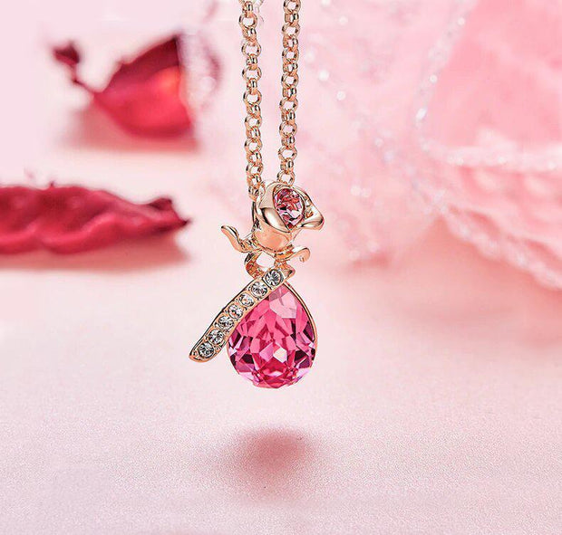 Austrian Crystal Pink Topaz Waterdrop with Pink Topaz Rose  Necklace