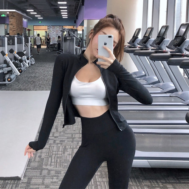 Women's Slim Zipper Sports Gym Running Long Sleeve Crop Tops