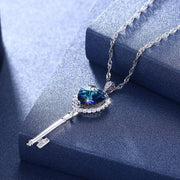 Key Heart Sterling Silver Necklace with  Crystals