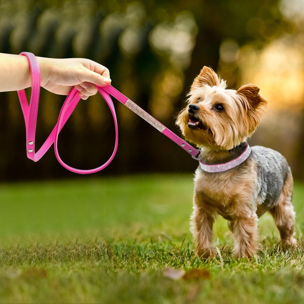 Adjustable Suede Leather Puppy Dog Collar Leash Set Soft Rhinestone Small Medium Dogs Cats Collars Walking Leashes Pink XS S M