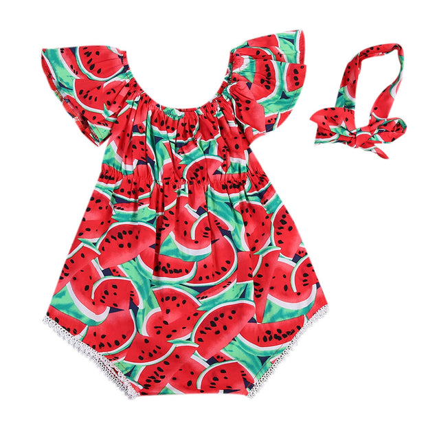 Newborn Baby Girls Watermelon Print Clothes Ruffles Sleeve Bodysuit +Headband