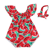 Newborn Baby Girls Watermelon Print Clothes Ruffles Sleeve Bodysuit +Headband