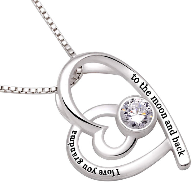 "I Love you Grandma to the moon and back" Heart Necklace Embellished with Austrian Crystal in 18K White Gold Plated