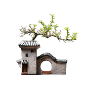 Chinese Antique House Retro Building Ceramic Flower Pot Fish Tank Decoration