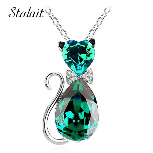 Cute Cat Pendant Necklace For Women Heart Crystal Jewelry Austrian Crystal Clavicle Chain Necklace