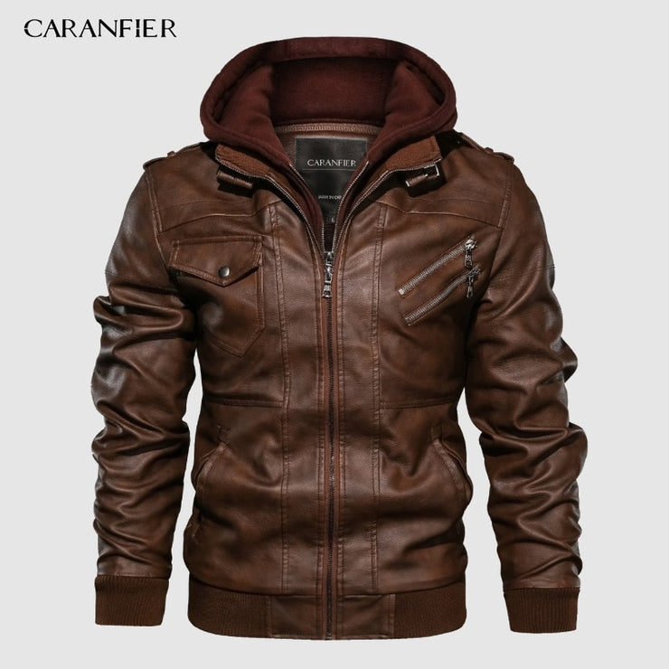 CARANFIER Mens PU Hooded Jackets Coats Motorcycle Biker Faux Leather Jacket Men Classic Winter Jackets Clothes  European Size