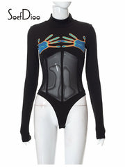 See Through Black Long Sleeve Bodysuit