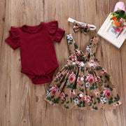 Summer Baby Girl Clothes Set Short Sleeve Flare Romper + Floral Print Dress +Bow Headband