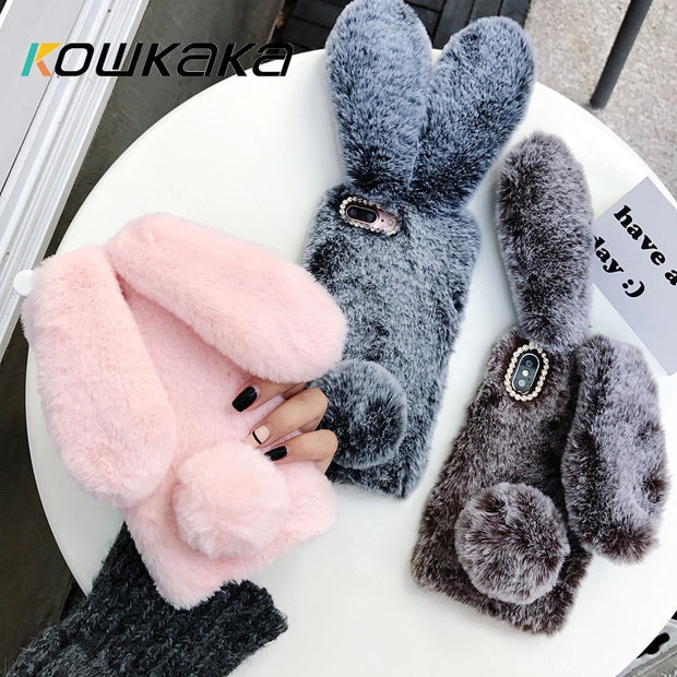 Kowkaka Cute Rabbit Ears Fur Plush Phone Shell