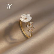 Elegant White Shell Flower Branch Shape Golden Opening Rings