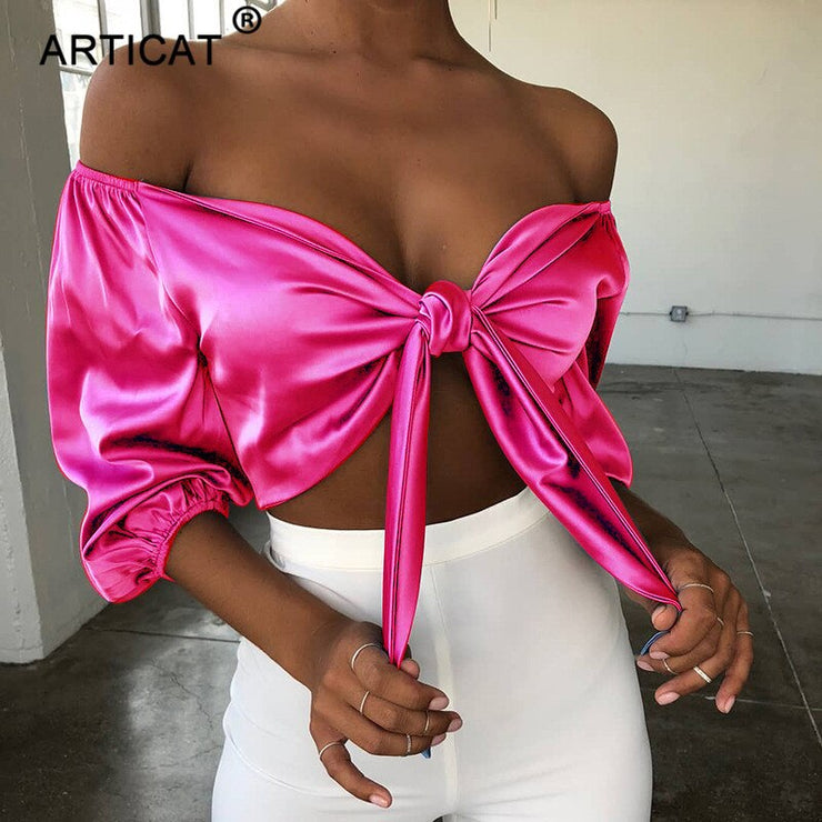 Off Shoulder Bow Tie Sexy Cropped Top