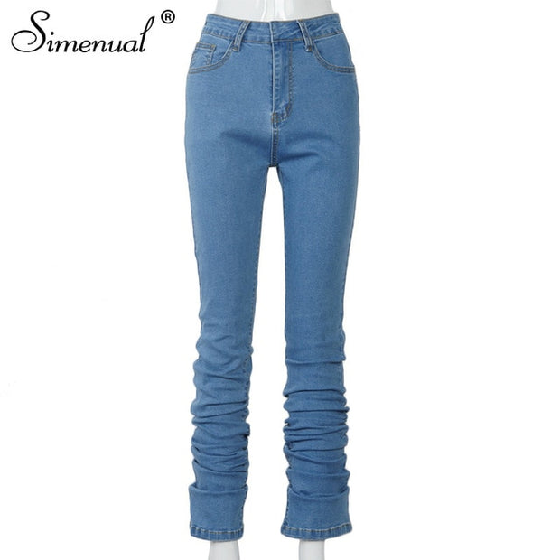 Simenual Ruched Denim Blue High Waist Stacked Pants Autumn 2021 Women Clothing Streetwear Jeans Fashion Skinny Pockets Trousers