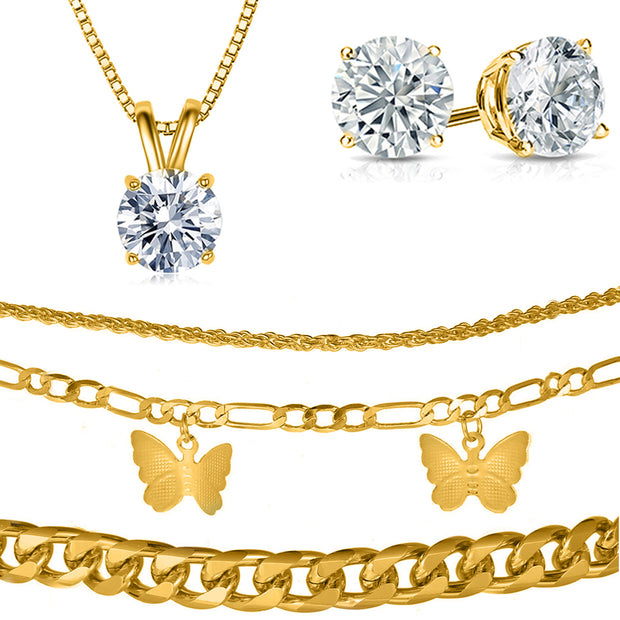 5 Piece Crystal Necklace and Stud Earrings with Butterfly Bracelet Set in 18K Gold Plating