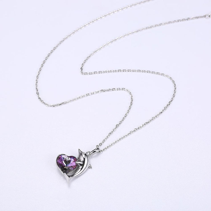 Loving Dolphin Pink Heart Sterling Silver Necklace with  Crystals