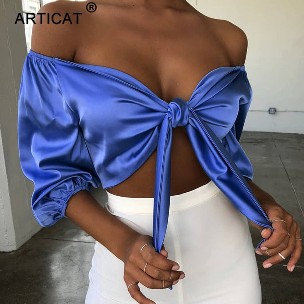 Off Shoulder Bow Tie Sexy Cropped Top