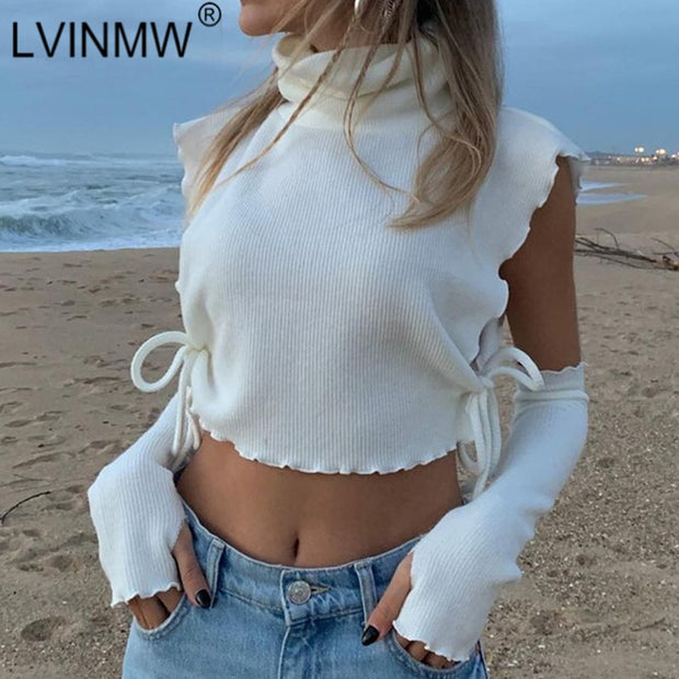 Turtleneck Rib Lace Up With Long Gloves Solid Knitted T Shirt