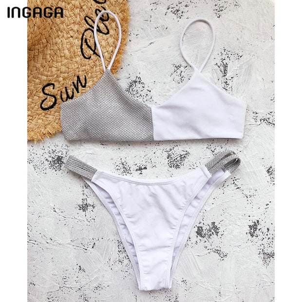 INGAGA Shiny Swimwear Bikini Women's Swimsuits Push Up Biquini High Waist Bikinis High Cut Bathing Suits 2021 New Patchwork