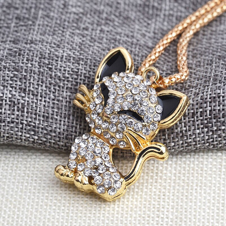 Pretty Rhinesto Cat Necklace For Women Gold Filled Enamel Crystal Long Sweater Chain Necklaces Pendants Christmas Gift For Girl