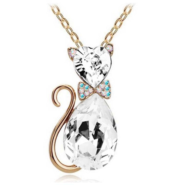 Cute Cat Pendant Necklace For Women Heart Crystal Jewelry Austrian Crystal Clavicle Chain Necklace