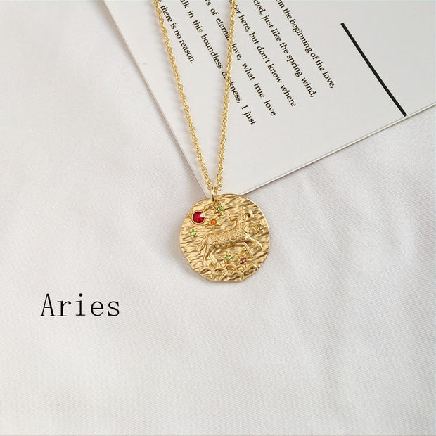 Gold Coin Disk Pendant Zodiac Necklace for Men Women