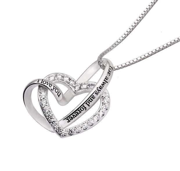 "I Love you Forever and Always" Heart Necklace Embellished with Austrian Crystal in 18K White Gold Plated