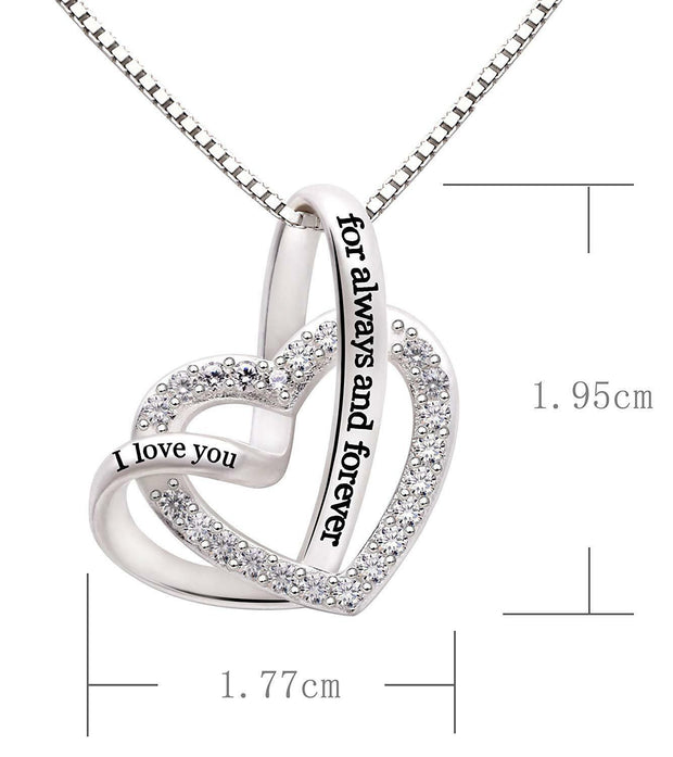 "I Love you Forever and Always" Heart Necklace Embellished with Austrian Crystal in 18K White Gold Plated