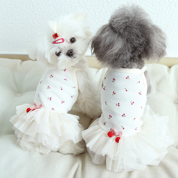 Cute Cherry Dog Dress Summer Cat Clothes Puppy Clothing Tutu White Color Dog Dresses Yorkshire Pomeranian BIchon Costume Outfit