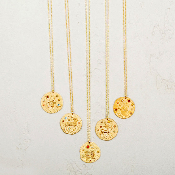 Gold Coin Disk Pendant Zodiac Necklace for Men Women