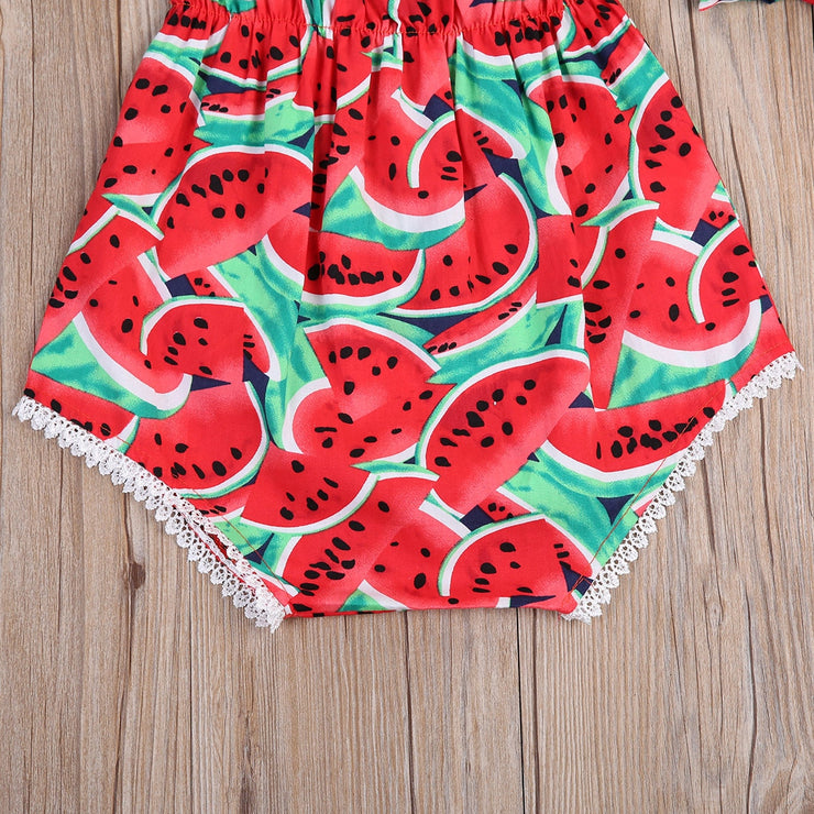 Newborn Baby Girls Watermelon Print Clothes Ruffles Sleeve Bodysuit +Headband